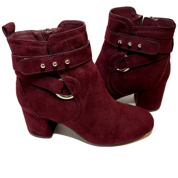 KELLY AND KATIE ANKLE BOOTS BURGUNDY SUEDE NAILHEAD ACCENTS 2.5" HEEL SIZE 6 - Picture 1 of 12
